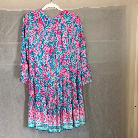 Lilly Pulitzer Pink Teal Blue Floral Tiered Mini Dress - Picture 3 of 7